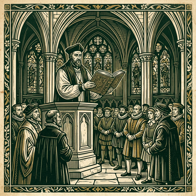 Relief cut illustration of Cranmer presenting the Book of Common Prayer in a Gothic cathedral
