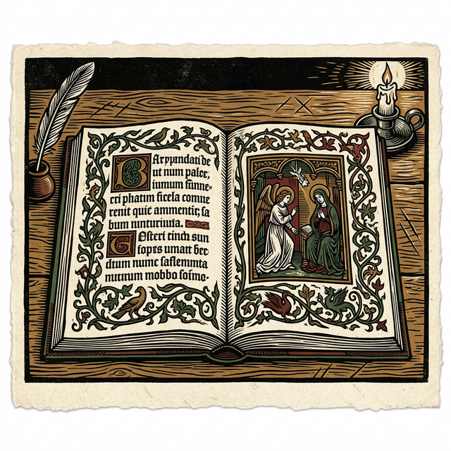 Relief cut illustration of an open illuminated Book of Hours manuscript