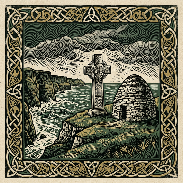 Relief cut illustration of a Celtic high cross on a windswept Irish cliff
