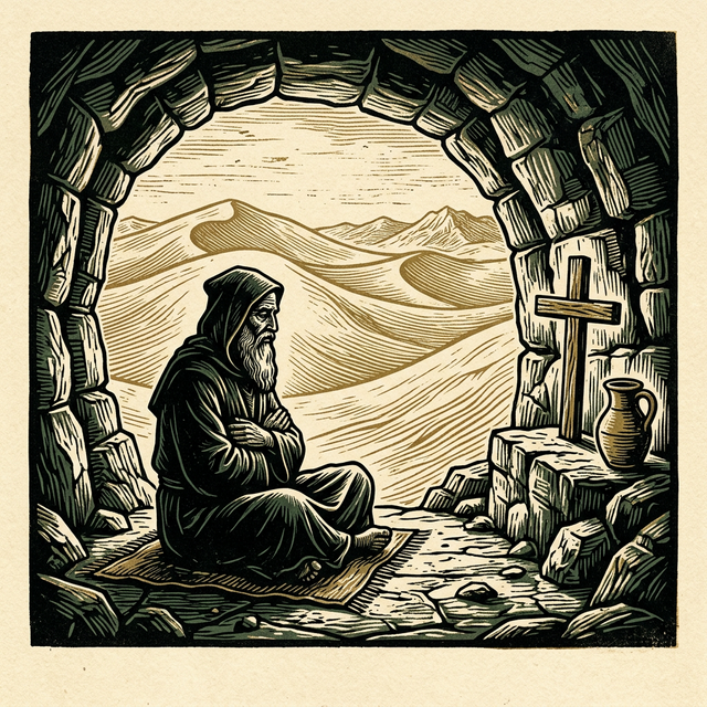 Relief cut illustration of a desert hermit monk in meditation inside a cave