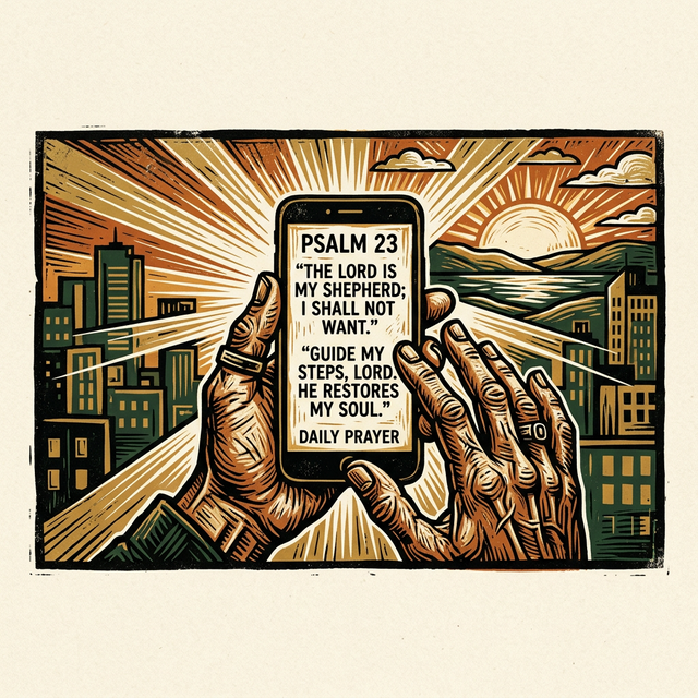 Relief cut illustration of hands holding a smartphone displaying a prayer