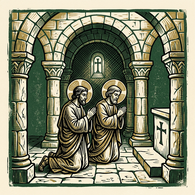 Relief cut illustration of early Christian apostles praying in an ancient temple