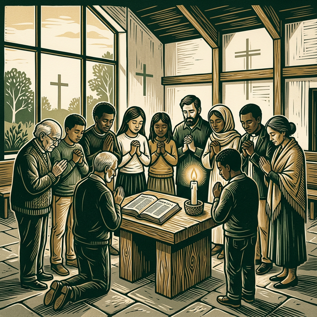 Relief cut illustration of diverse people gathered in a circle of prayer