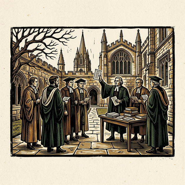 Relief cut illustration of Oxford scholars with tracts in a university courtyard