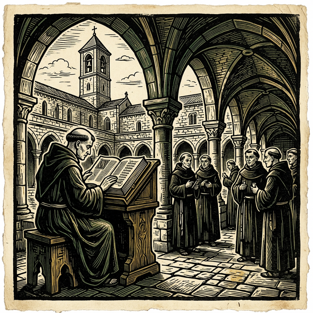 Relief cut illustration of Benedictine monks gathered in a monastery cloister